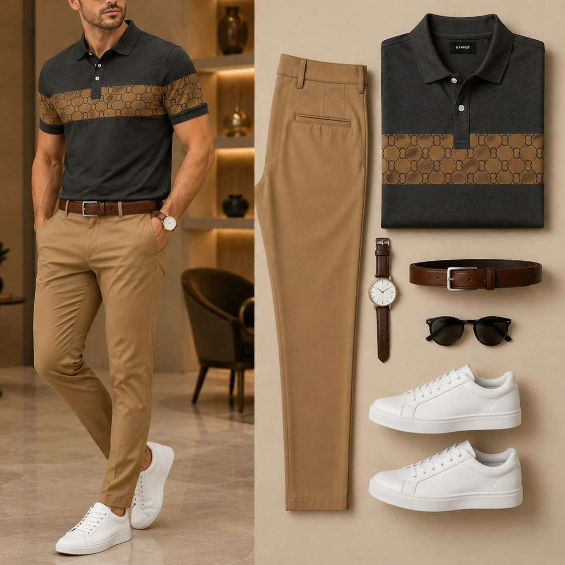 Men's Casual Vertical Color Block Polo Shirt And Pants Two-Piece Set