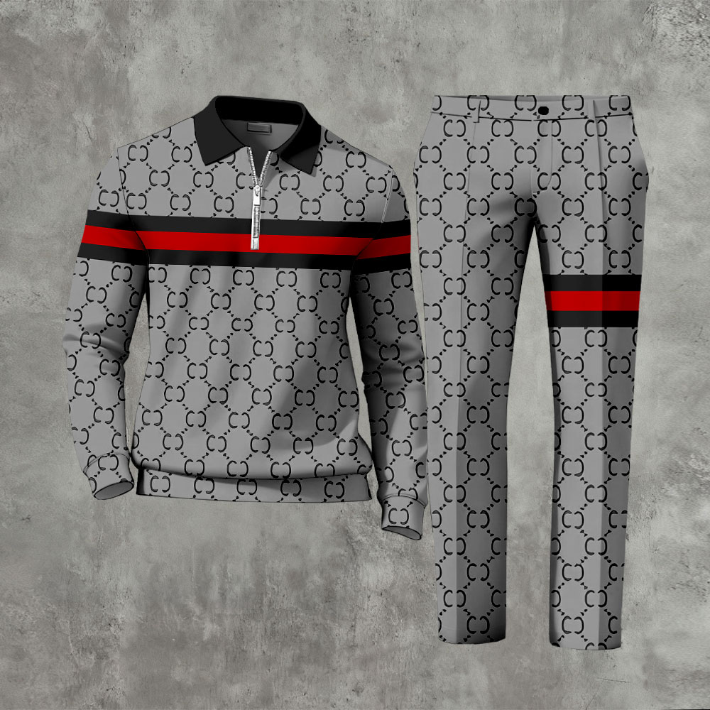 Men's Color Matching Printed Polo-Collar Zipper Long Sleeved Trousers Two-Piece Set 1203