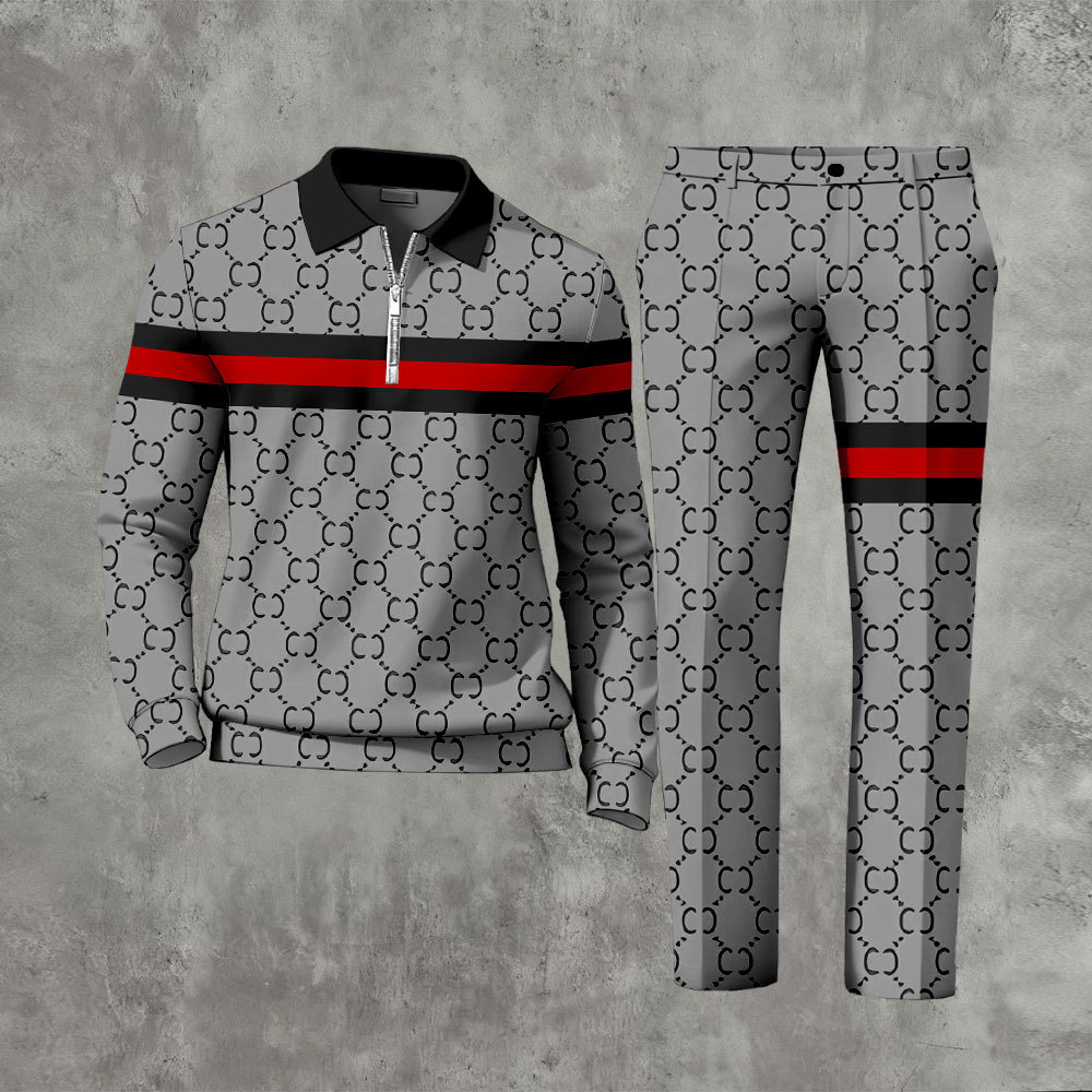 Men's Color Matching Printed Polo-Collar Zipper Long Sleeved Trousers 