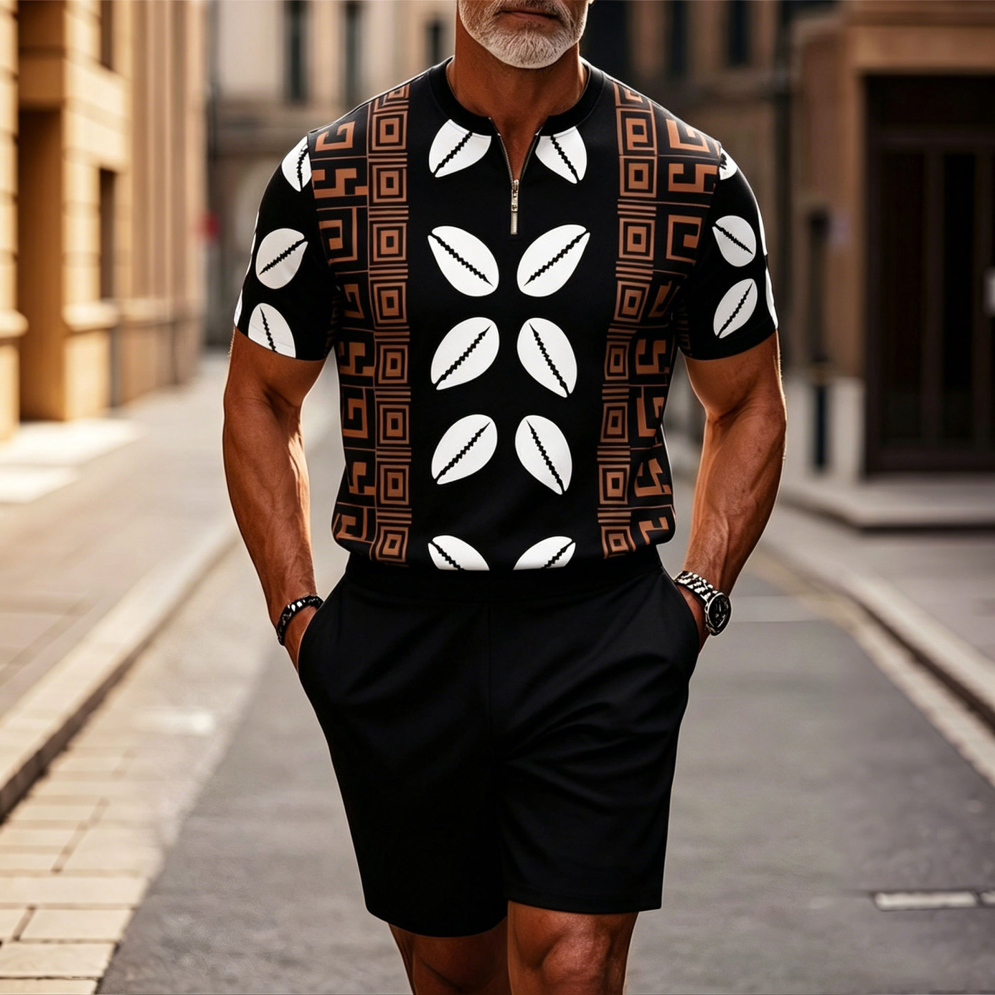 Men‘s Black Retro Style Printed Short Sleeve Zipper T-shirt & Short Two-piece Set