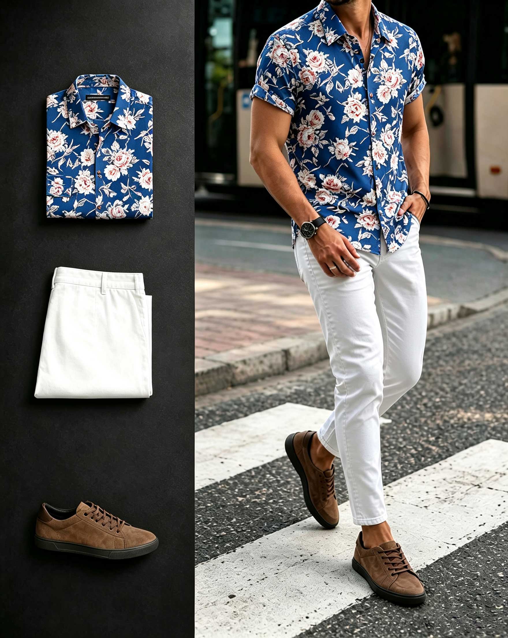 Men's Floral Printed Short Sleeves Shirt & White Pants Two-Piece Set