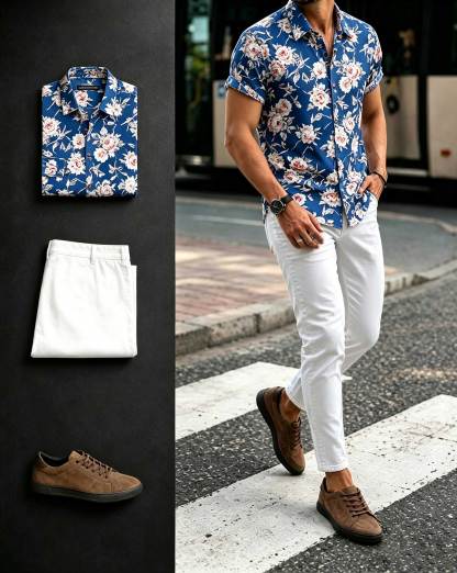 Men's Floral Printed Short Sleeves Shirt & White Pants Two-Piece Set