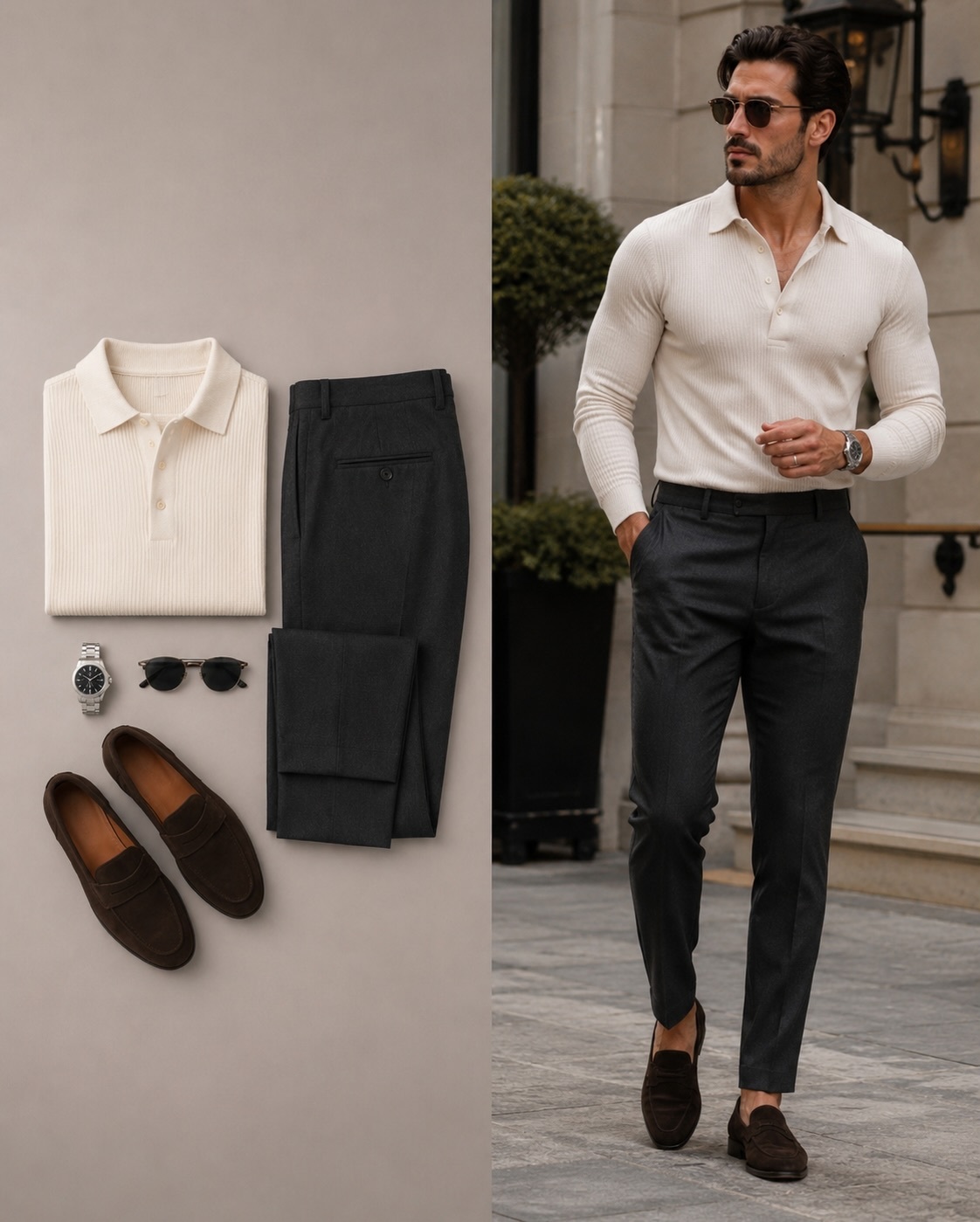 Men's Casual Color Matching Long Sleeves Knit Polo Shirt & Trousers Two Piece Set