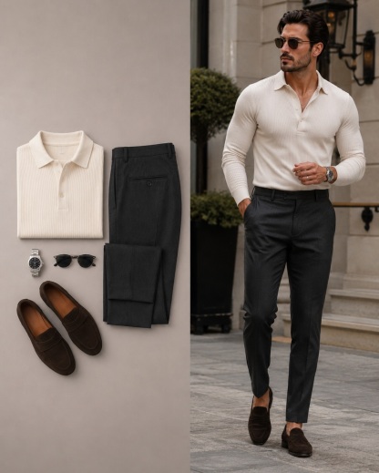 Men's Casual Color Matching Long Sleeves Knit Polo Shirt & Trousers Two Piece Set