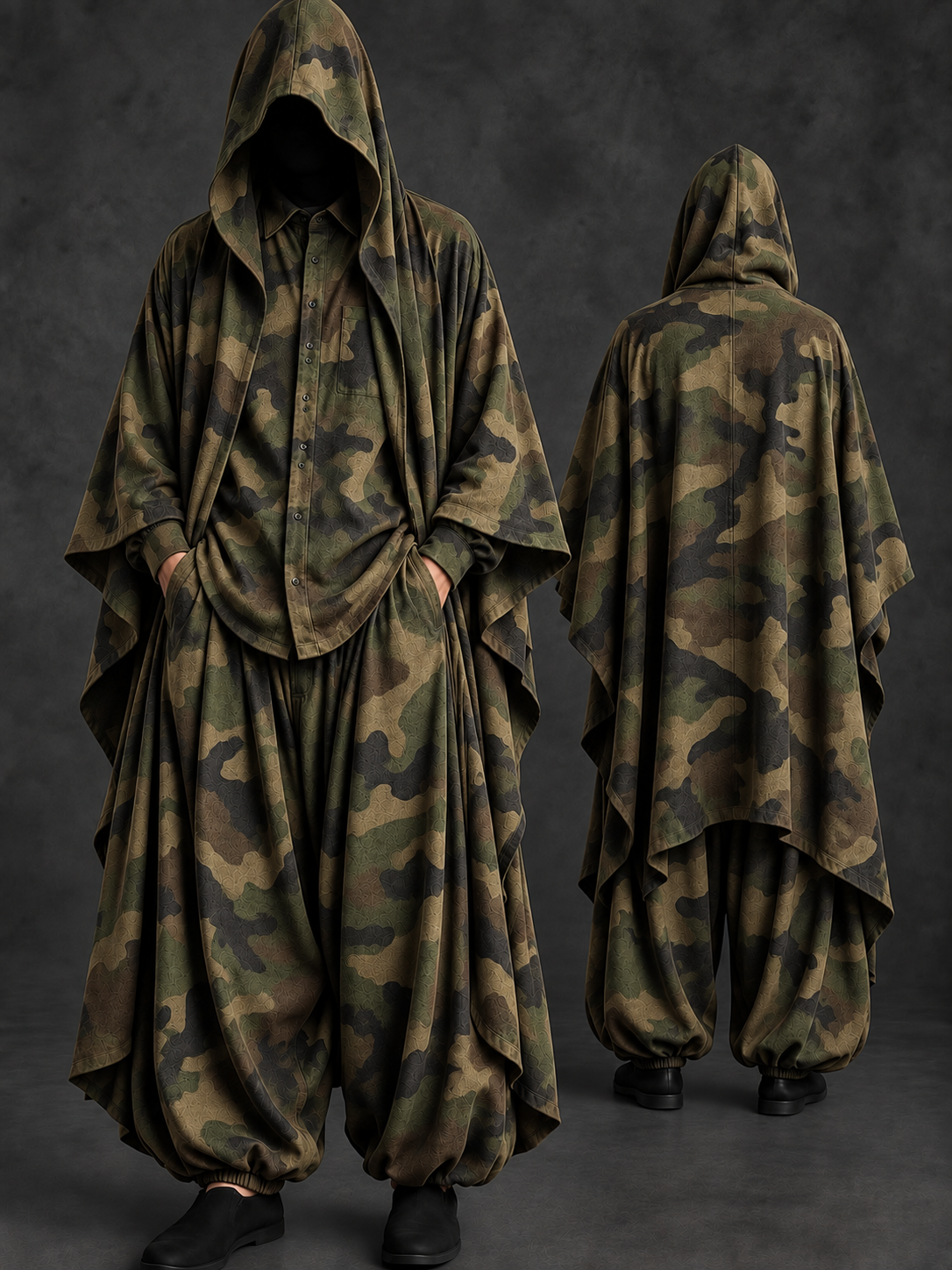 Men's Camo Hooded Cape, Shirt & Harem Pants 3-Piece Set