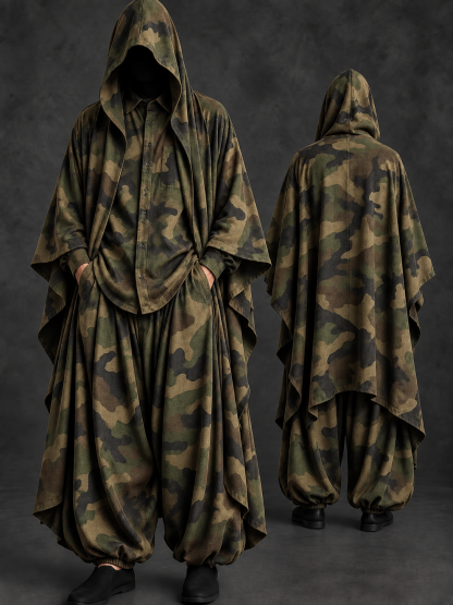 Men's Camo Hooded Cape, Shirt & Harem Pants 3-Piece Set