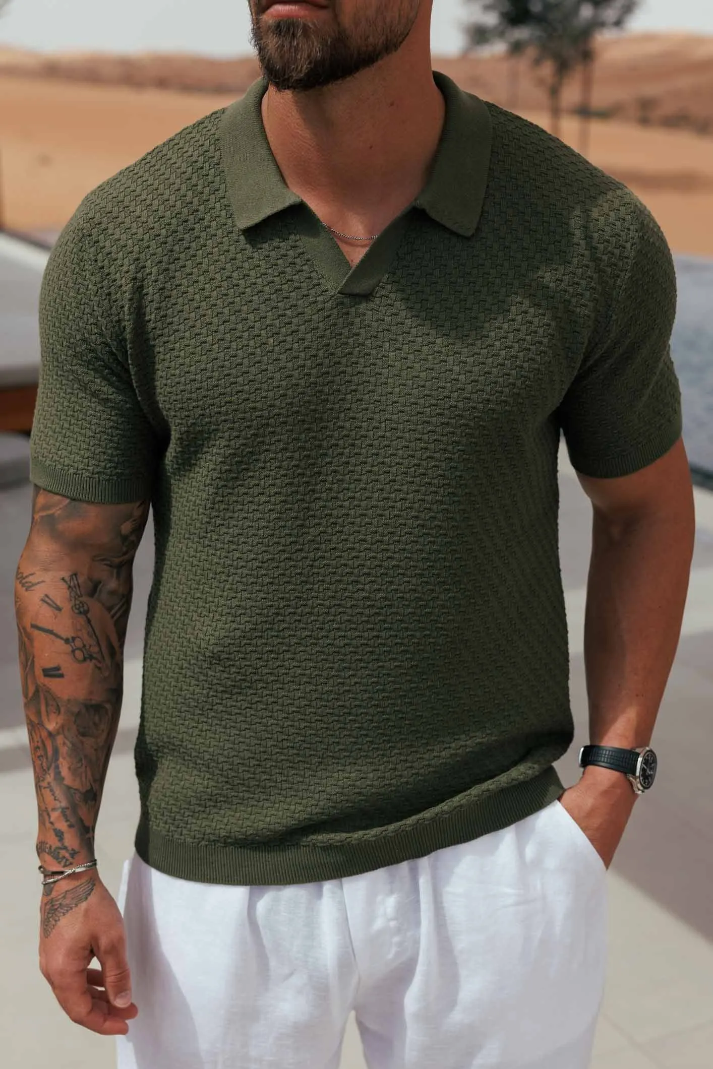 Men's lightweight cotton and linen casual olive green polo shirt