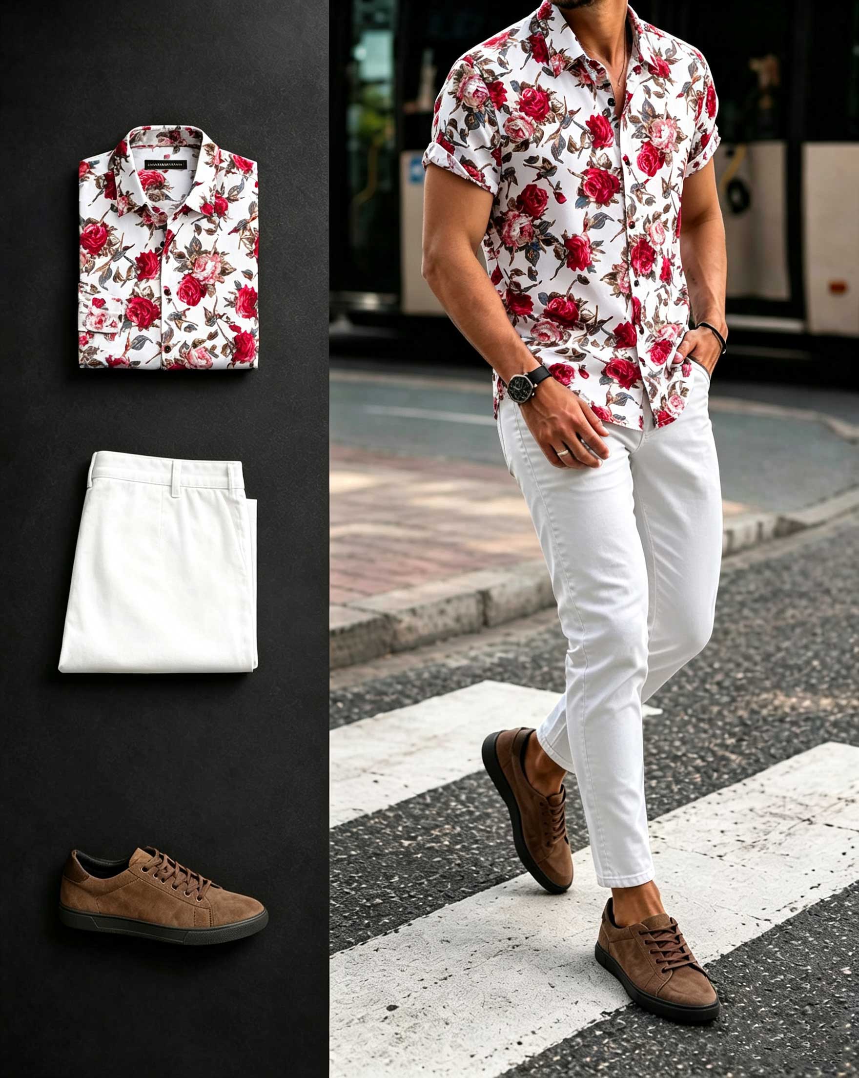 Men's Floral Printed Short Sleeves Shirt & White Pants Two-Piece Set
