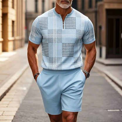 Men‘s Light Blue Color Matching Plaid Printed Short Sleeve Zipper T-shirt & Short Two-piece Set