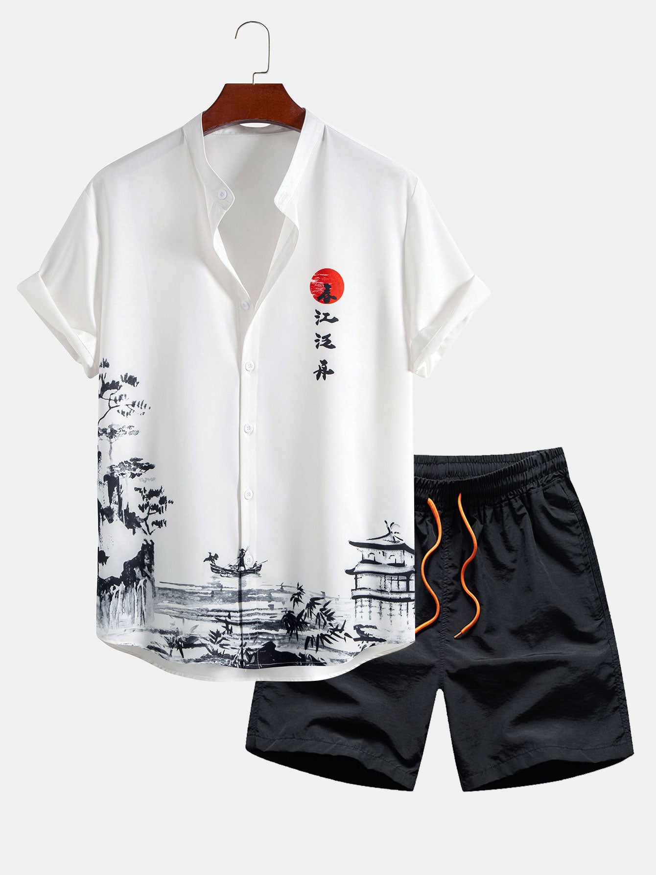 Ink Painting Stand Collar Shirt & Man Mid Length Drawstring Swim Shorts