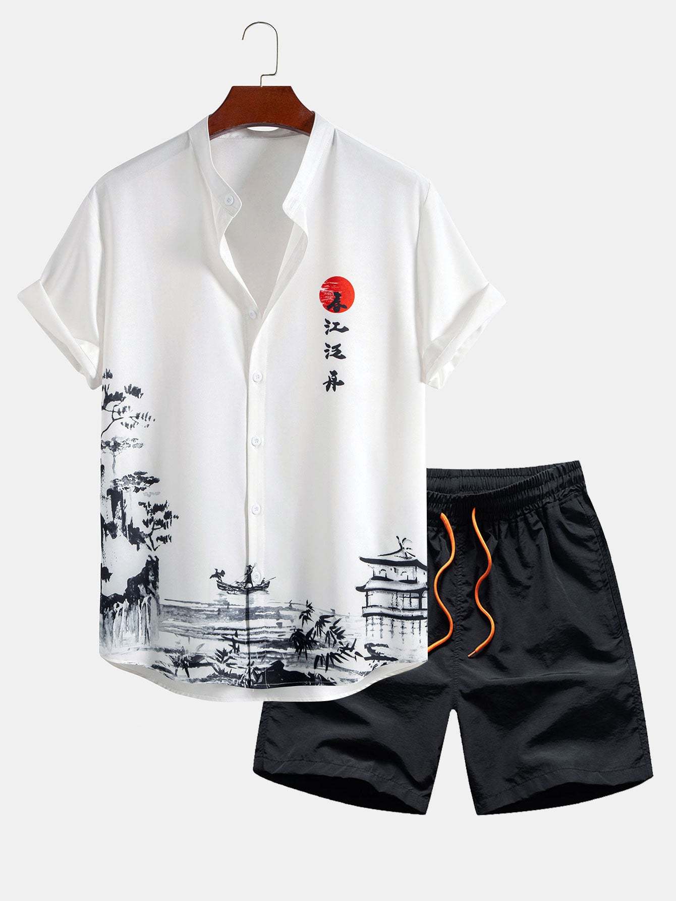 Ink Painting Stand Collar Shirt & Man Mid Length Drawstring Swim Shorts