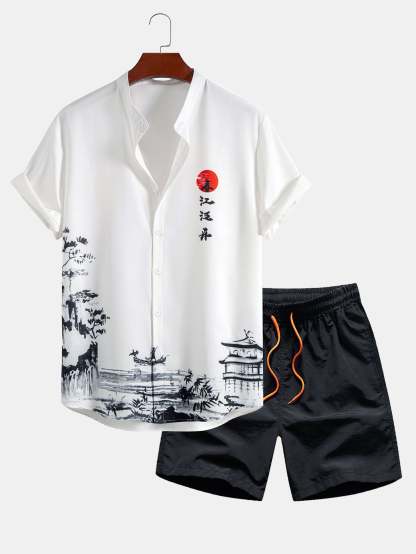 Ink Painting Stand Collar Shirt & Man Mid Length Drawstring Swim Shorts