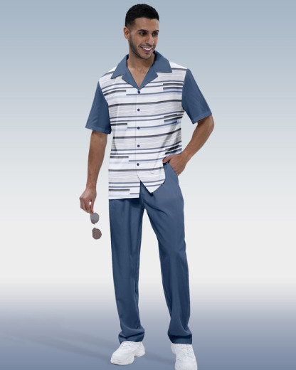 Men's Color Block Print Short Sleeve Walking Suit