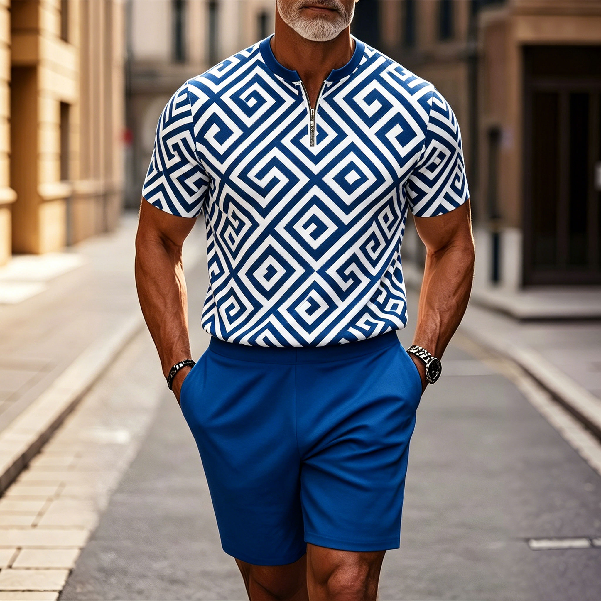 Men's Blue & White Color Matching Plaid Printed Short Sleeve Zipper T-shirt & Short Two-piece Set