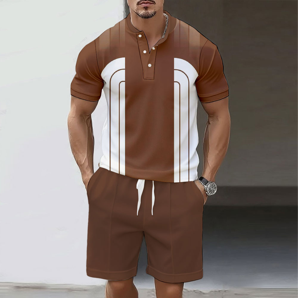 Men's Fashion Polo Round-Neck Geometric Printed Short-Sleeved Two-Piece Set