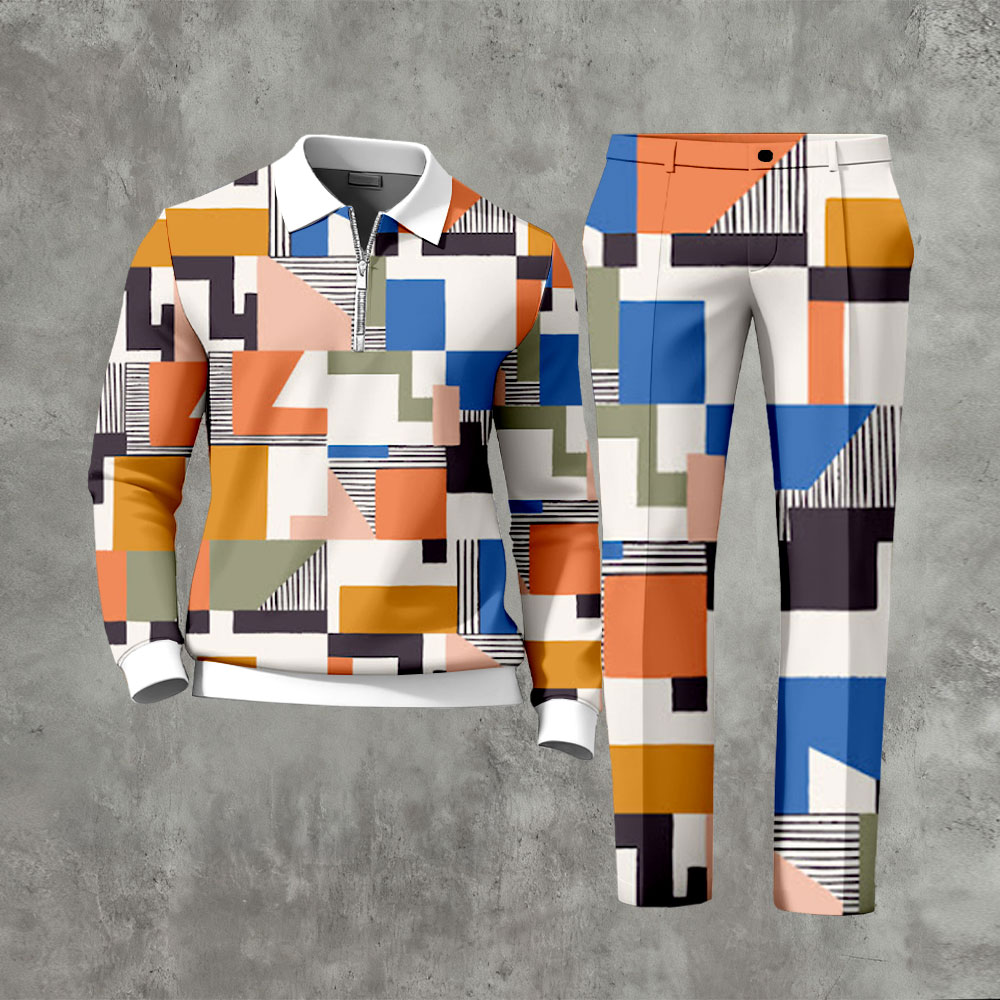Men's Mulitcolored Geometric Printed Polo-Collar Zipper Long Sleeved Trousers Two-Piece Set