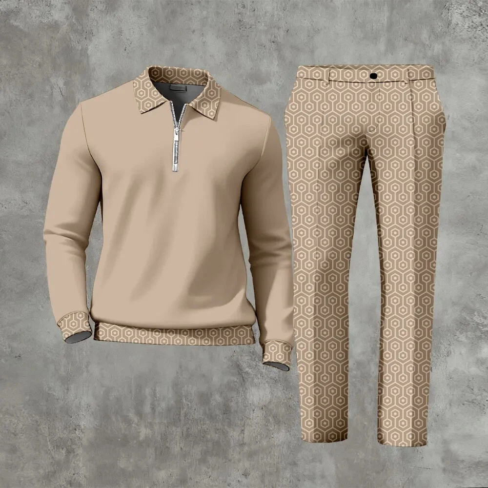 Men's Casual Color Matching Printed Polo-Collar Zipper Long Sleeved Trousers Two-Piece Set