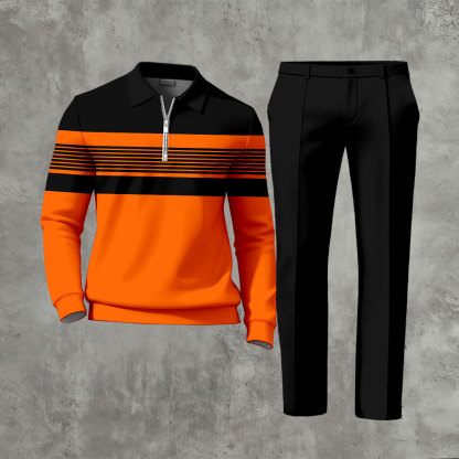 Men's Casual Color Matching Printed Polo-Collar Zipper Long Sleeved Trousers Two-Piece Set