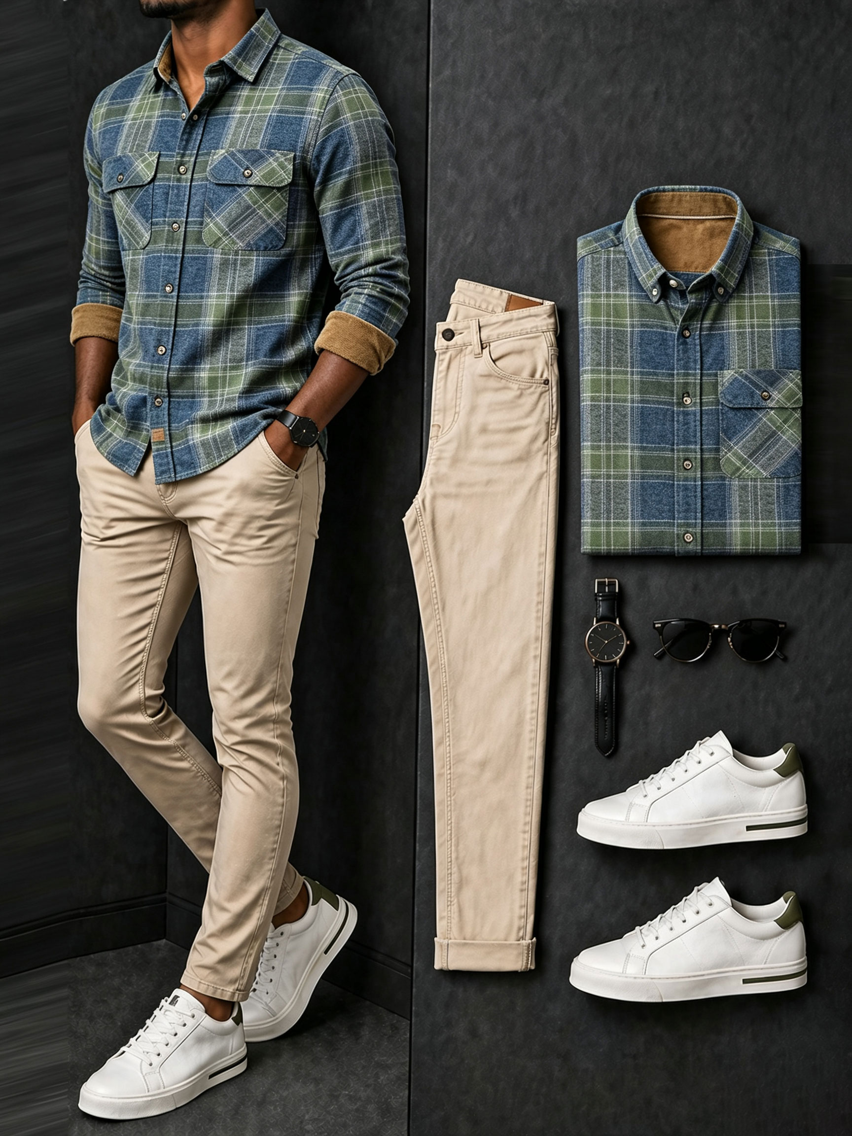 Men's Casual Green Plaid Retro Style Long Sleeves Shirt & Khaki Jeans Pants Two Piece Set