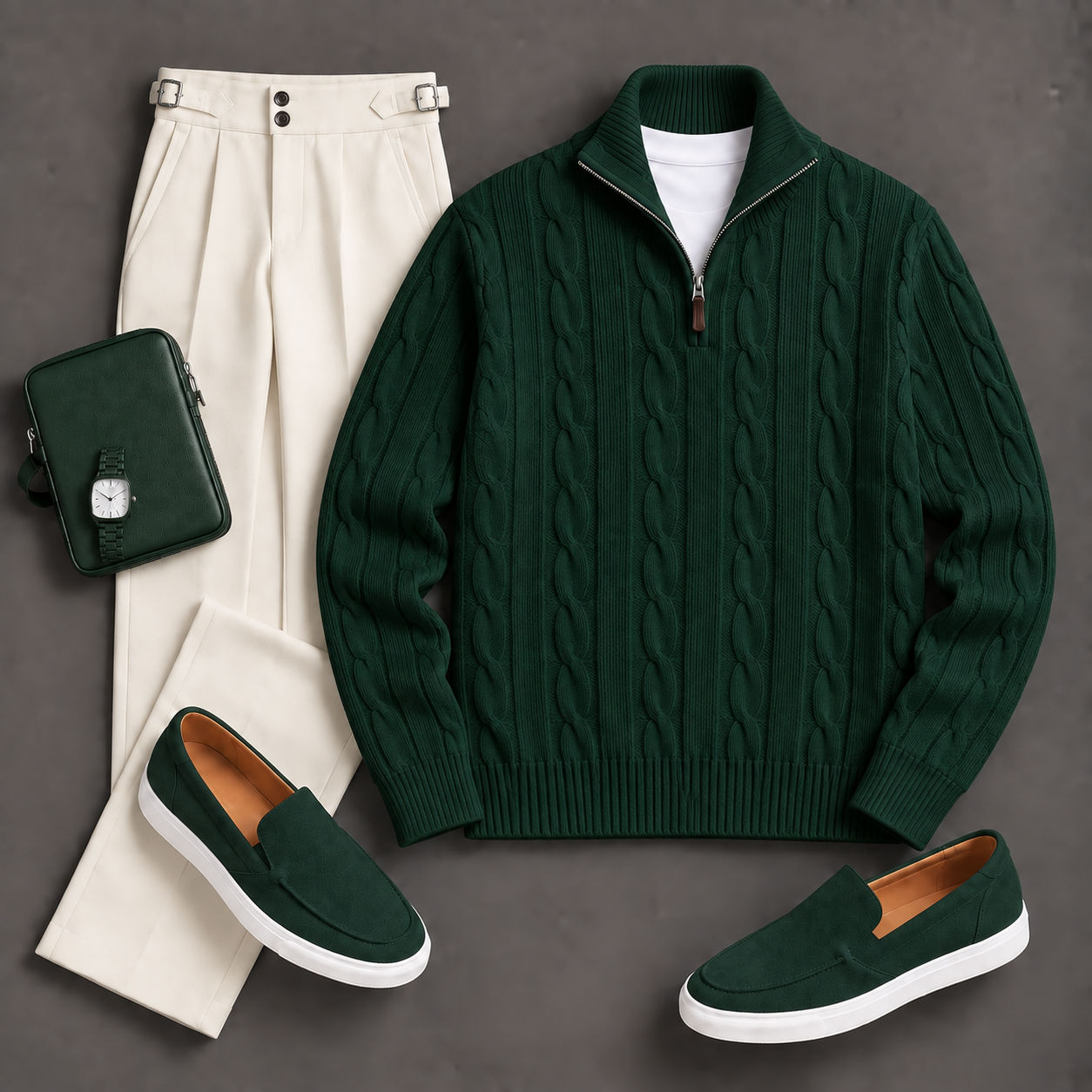 Men's Causal Stand Collar Knit Polo Shirt & Chino Pants Two-Piece Sets