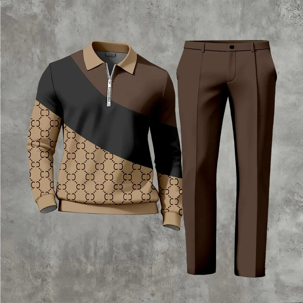 Men's Casual Color Matching Printed Polo-Collar Zipper Long Sleeved Tr
