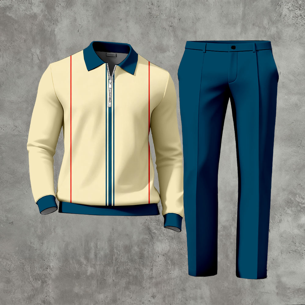 Men's Casual Yellow & Blue Color Matching Striped Printed Zipper Long Sleeved Polo Shirt & Trousers Two-Piece Set