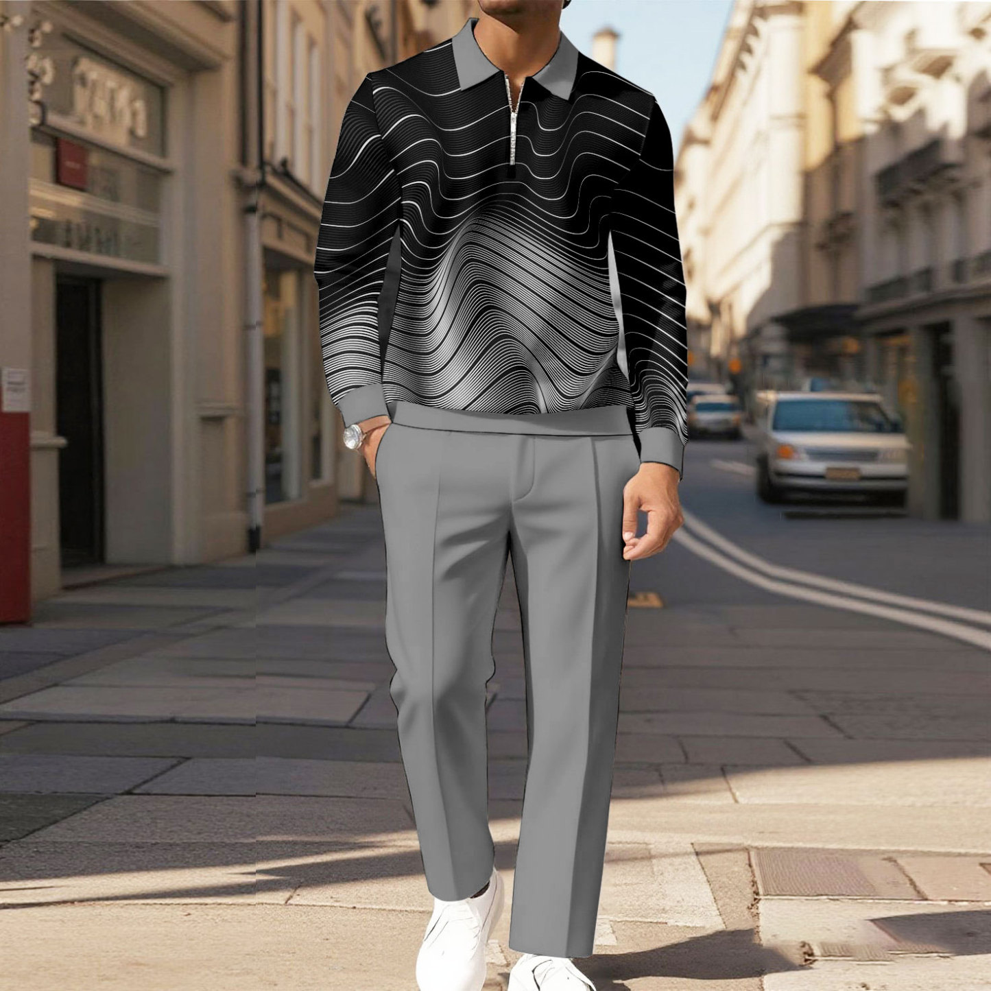 Men's Casual Color Matching Printed Polo-Collar Zipper Long Sleeved Tr