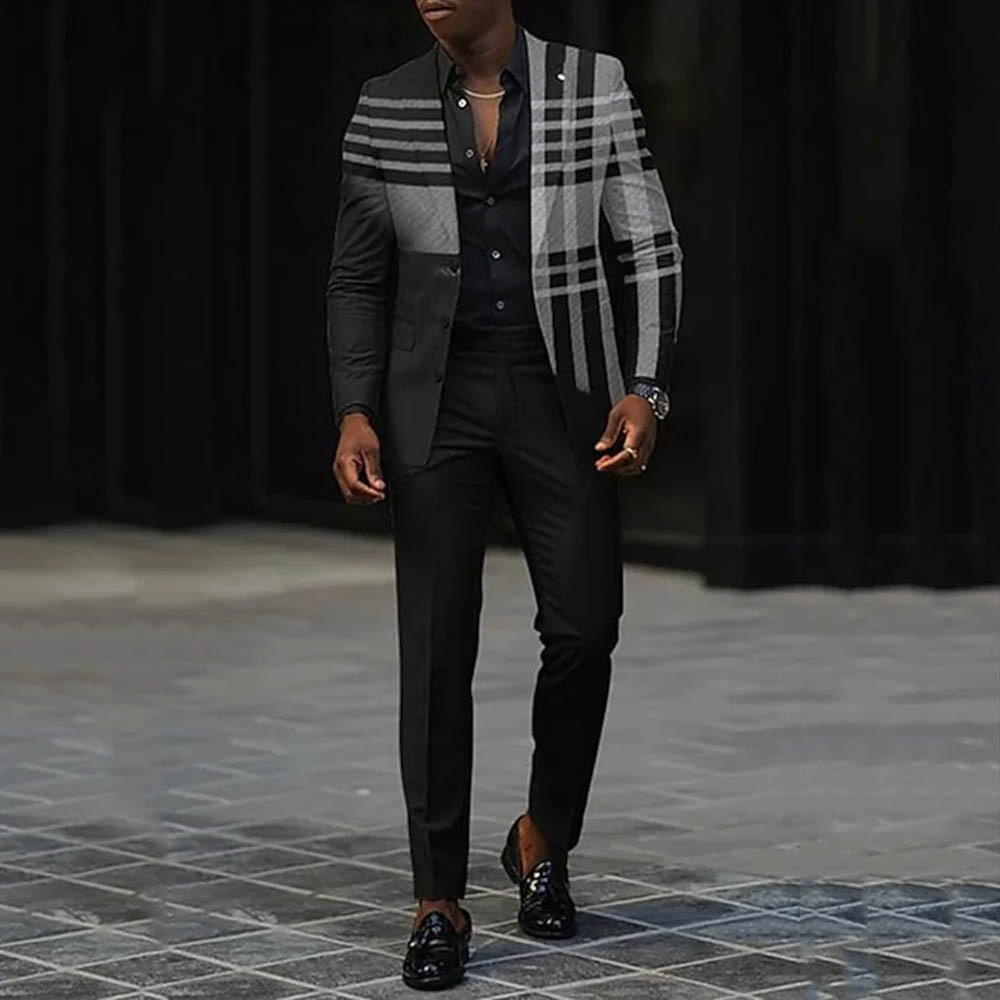 BlazerMen's Gradient Black & Gray Color Matching Checkered Printed Long Sleeves Blazer & Trousers Two Pieces Set