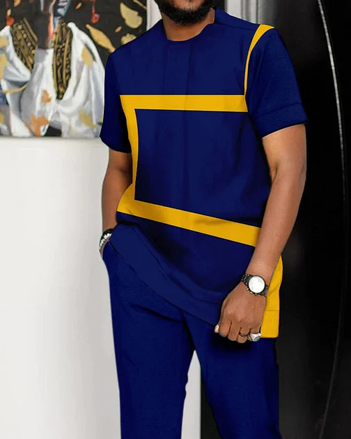 Suitmens Men's Colorblock Print Short Sleeve Sports Walking Suit -308