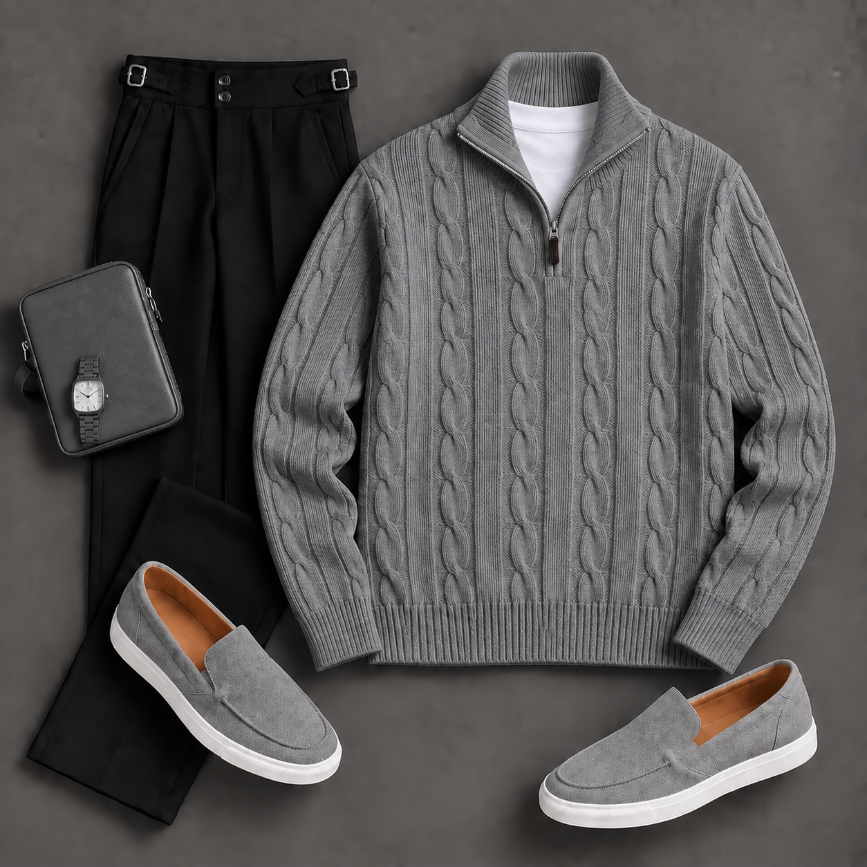 Men's Causal Stand Collar Knit Polo Shirt & Chino Pants Two-Piece Sets