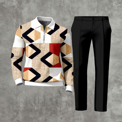 Men's Casual Khaki & Black Color Matching Geoemtric Printed Polo-Collar Zipper Long Sleeved Trousers Two-Piece Set