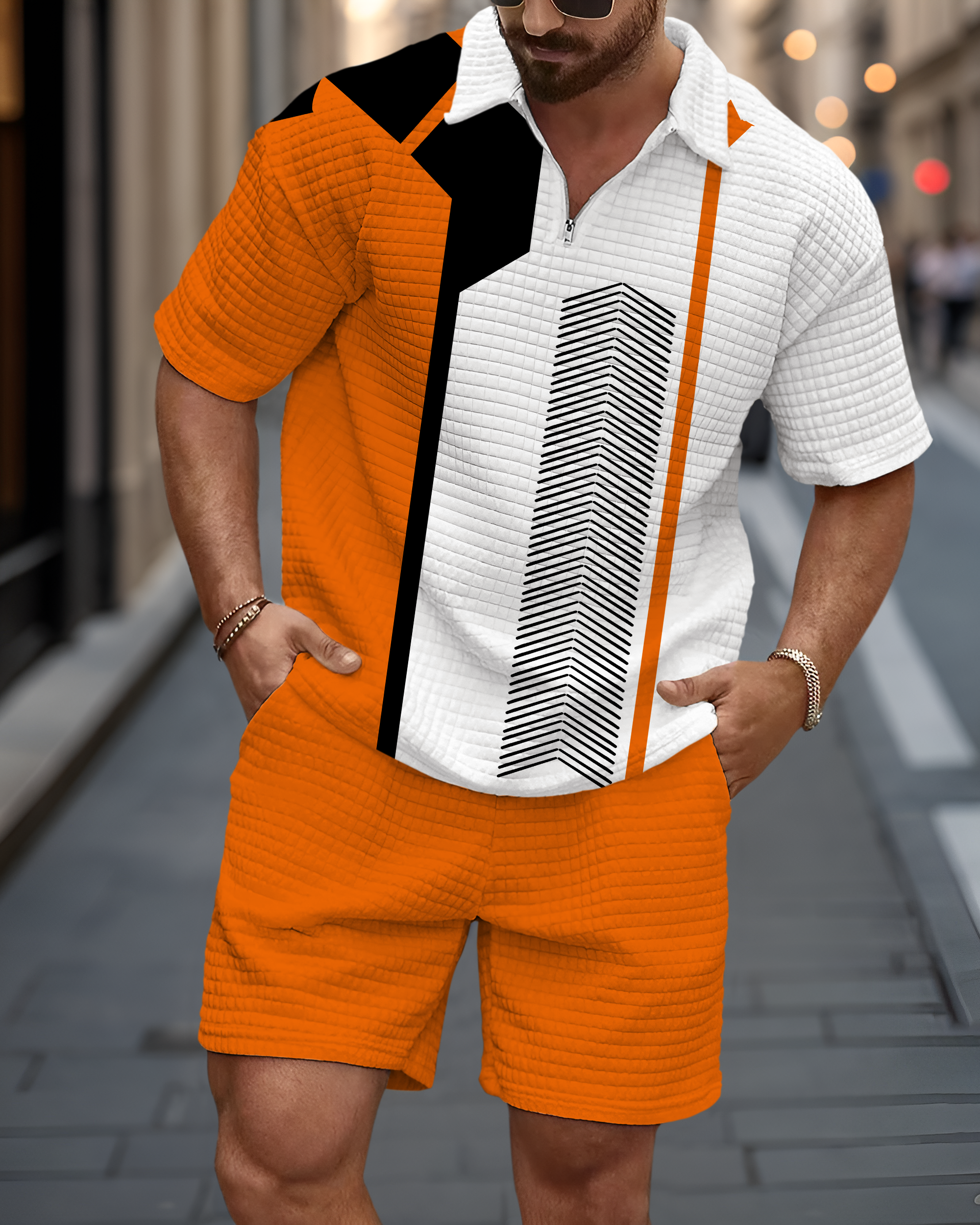 Men's Casual Art Print Waffle Texture Summer Polo Set