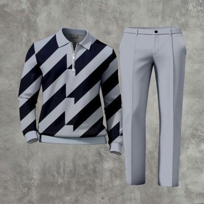 Men's Casual Color Matching Printed Polo-Collar Zipper Long Sleeved Trousers Two-Piece Set