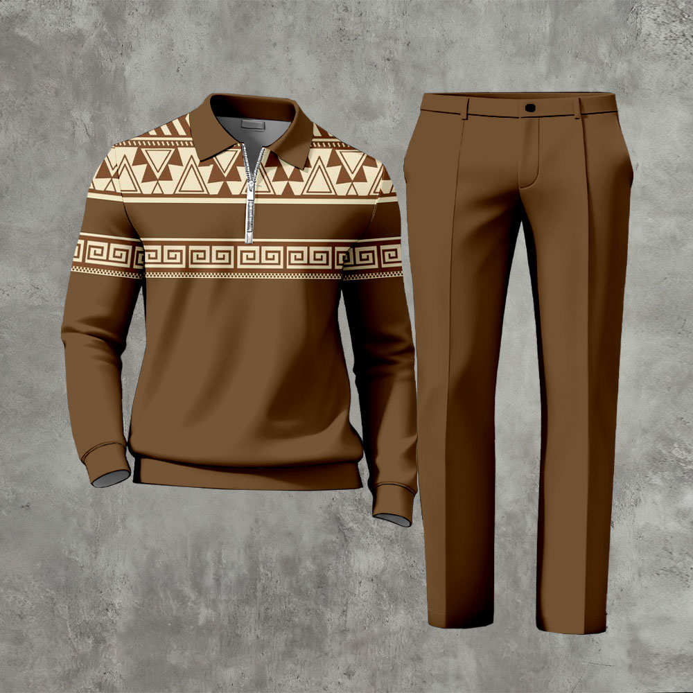 Men's Casual Coffee Color Matching Ethnic Style Printed Zipper Long Sleeved Polo Shirt & Trousers Two-Piece Set