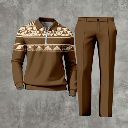 Men's Casual Coffee Color Matching Ethnic Style Printed Zipper Long Sleeved Polo Shirt & Trousers Two-Piece Set