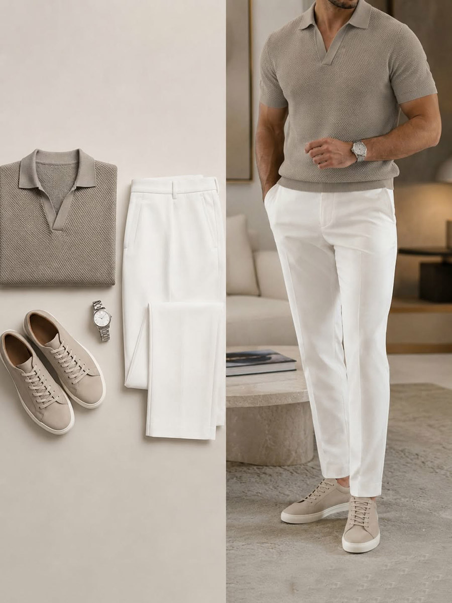Men's Solid-Color Short-Sleeve Polo Shirt and Trousers Two-Piece Business Set