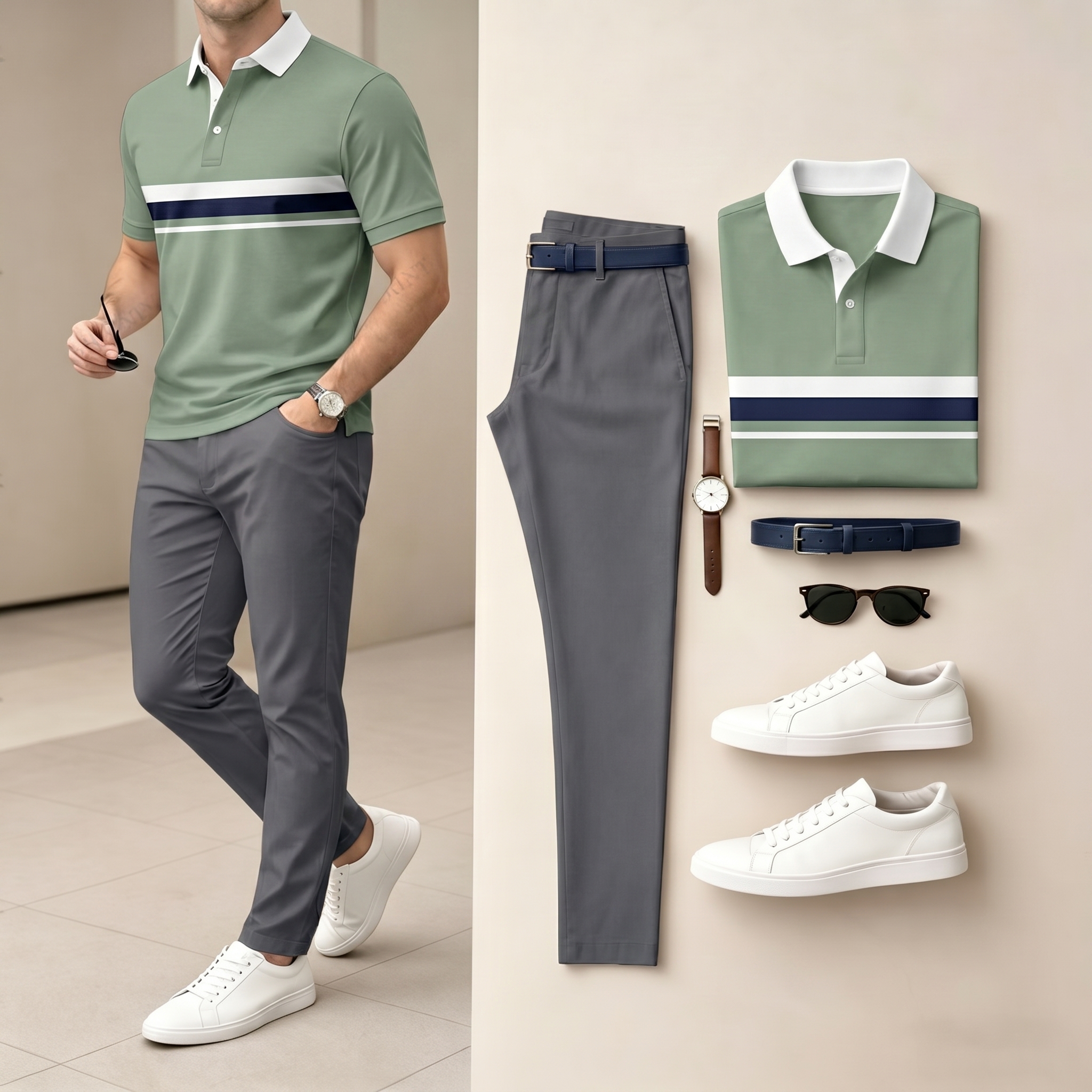Men's Green & White Color Matching Short Sleeved Polo Shirt & Pants Two-Piece Set