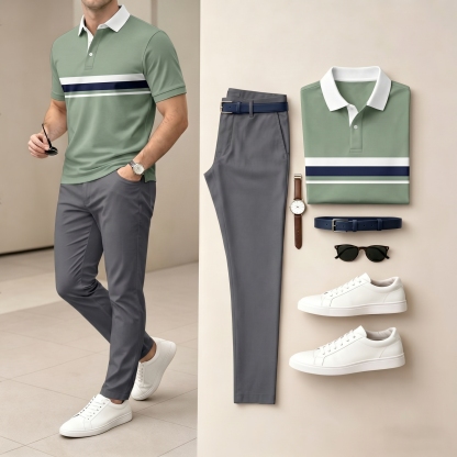 Men's Green & White Color Matching Short Sleeved Polo Shirt & Pants Two-Piece Set