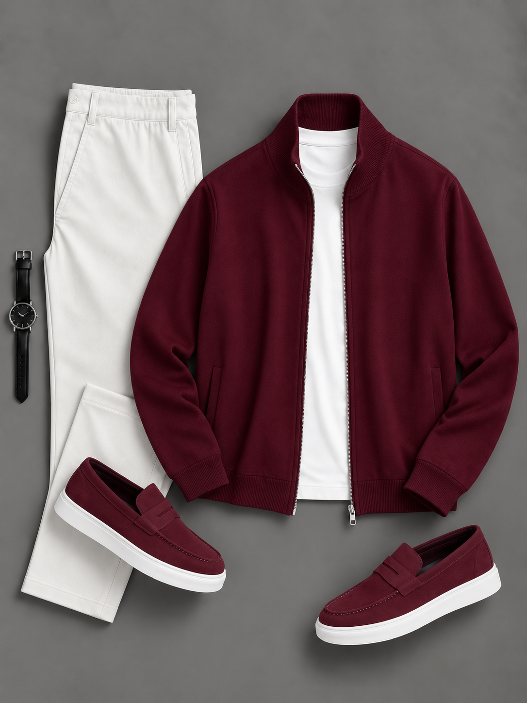Men's Casual Solid Zip Stand Collar Jacket & Straight Chino Pants 2-Piece Matching Outfit Set, Multiple Colors Available