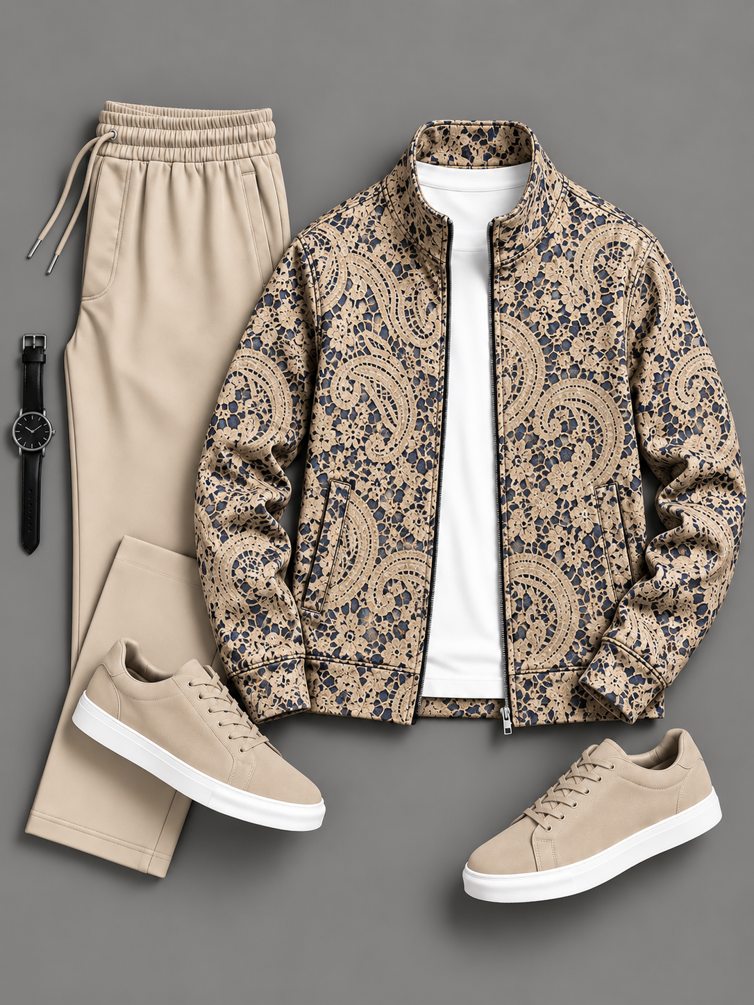 Men's Paisley Floral Printed Zip Up Stand Collar Jacket & Drawstring Pants Two Piece Set, Multiple Colors Available