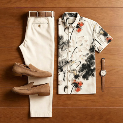 Men Chinese Ink Lotus Print Short Sleeve Shirt & Beige Pants Two Piece Set