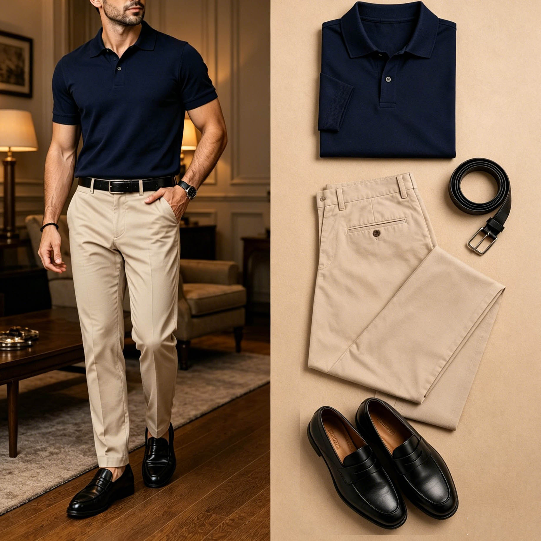 Men's Casual Navy Blue & Khaki Solid Polo Shirt And Pants Two-Piece Set