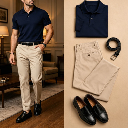 Men's Casual Navy Blue & Khaki Solid Polo Shirt And Pants Two-Piece Set
