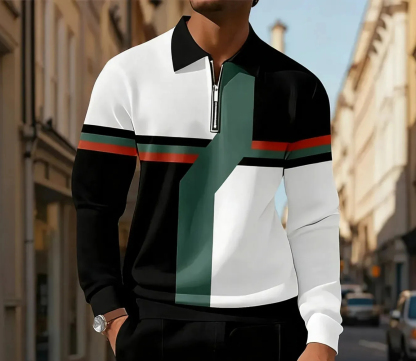 Men's Casual Colorblock Long-Sleeve Zip-Up Polo Shirt and Pant Set