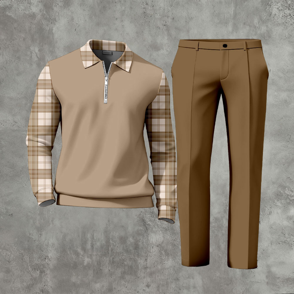 Men's Casual Color Matching Printed Polo-Collar Zipper Long Sleeved Trousers Two-Piece Set