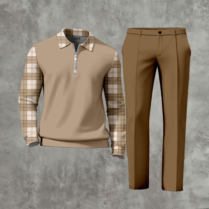 Men's Casual Color Matching Printed Polo-Collar Zipper Long Sleeved Trousers Two-Piece Set