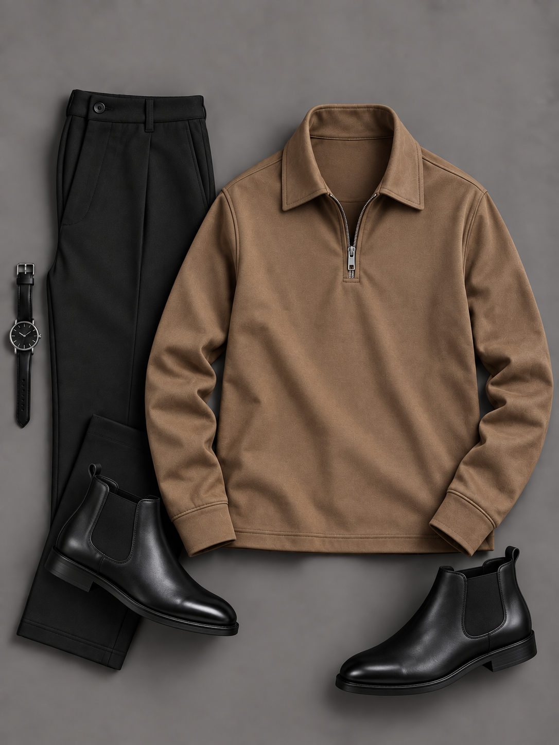 Men's Casual Quarter Zip Lapel Long Sleeve Top & Chino Pants 2-Piece Matching Outfit Set, Multiple Colors Available