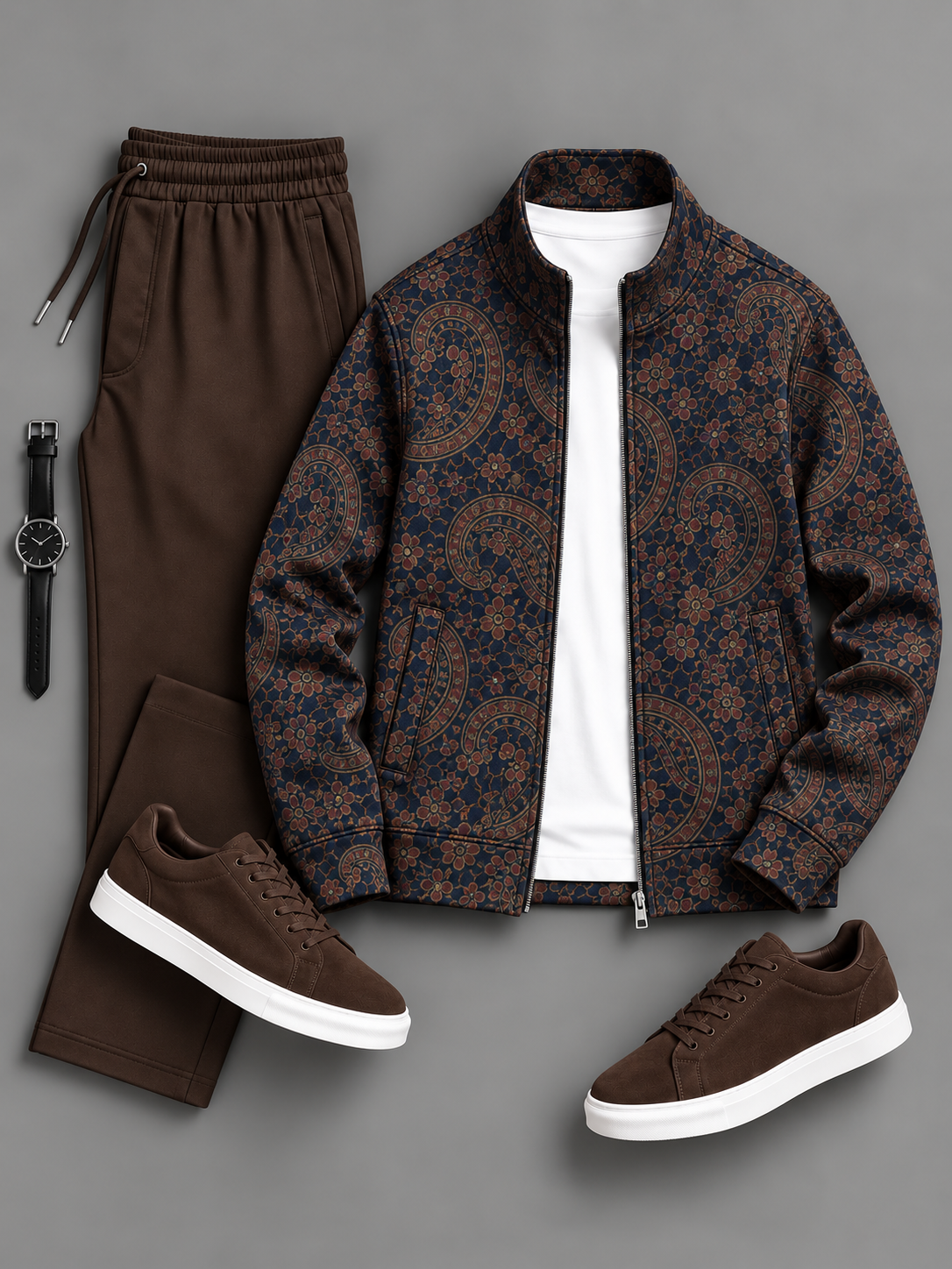 Men's Paisley Floral Printed Zip Up Stand Collar Jacket & Drawstring Pants Two Piece Set, Multiple Colors Available