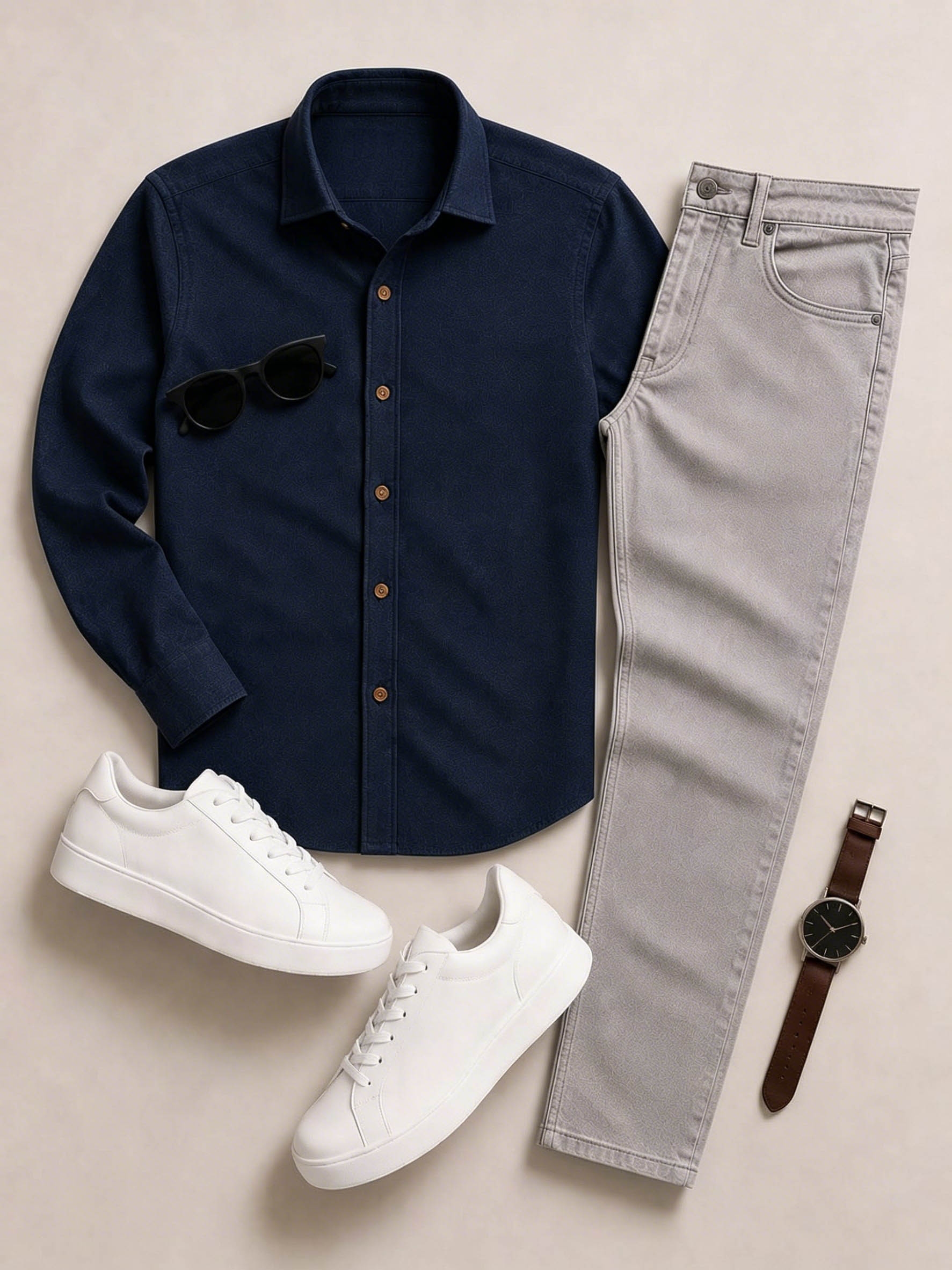 Men's Casual Navy Solid Color Matching Long Sleeved Shirt & Trousers Two-Piece Set