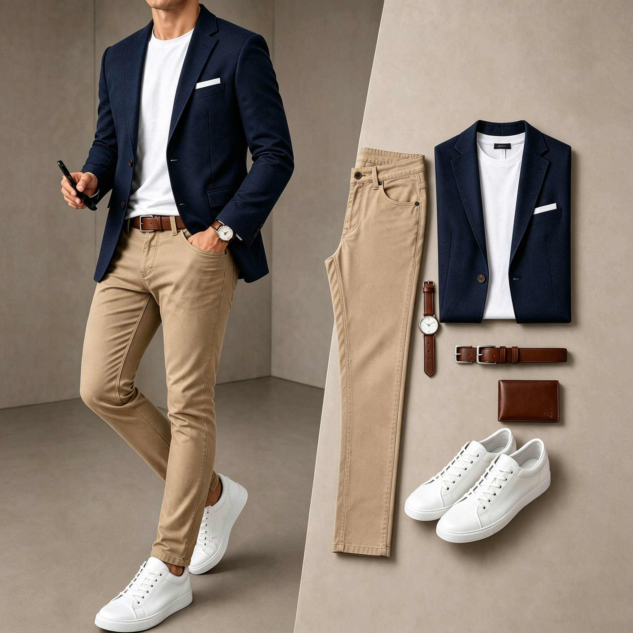 Men's Business Casual Navy Blue & Khaki Color Matching Retro Style Short Sleeves T-Shirt & Pants & Blazer 3pcs Set